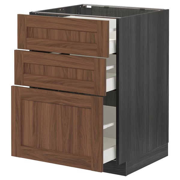 METOD / MAXIMERA Base cabinet with 3 drawers, black Enköping/brown walnut effect, 60x60 cm