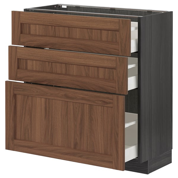 METOD / MAXIMERA Base cabinet with 3 drawers, black Enköping/brown walnut effect, 80x37 cm
