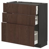 METOD / MAXIMERA Base cabinet with 3 drawers, black/Sinarp brown, 80x37 cm