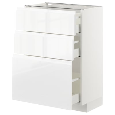 METOD / MAXIMERA Base cabinet with 3 drawers, white/Voxtorp high-gloss/white, 60x37 cm