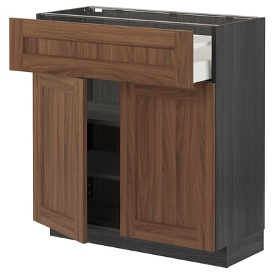 METOD / MAXIMERA Base cabinet with drawer/2 doors, black Enköping/brown walnut effect, 80x37 cm