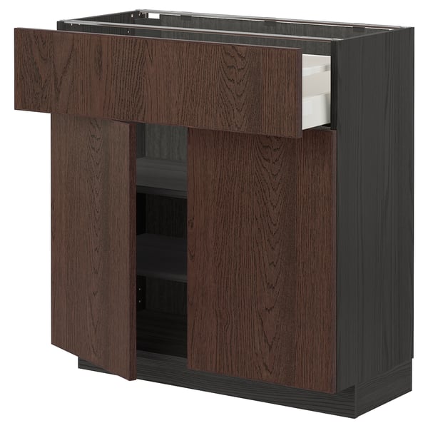 METOD / MAXIMERA Base cabinet with drawer/2 doors, black/Sinarp brown, 80x37 cm