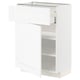 White METOD kitchen cabinet with open drawer and shelves.