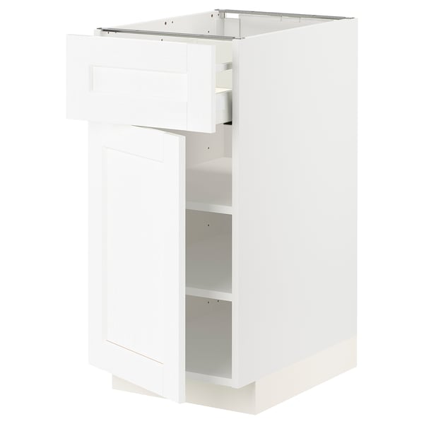 White METOD kitchen cabinet with single door and drawer.