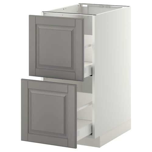 METOD kitchen cabinet, grey, square doors, wooden frame, white shelves.