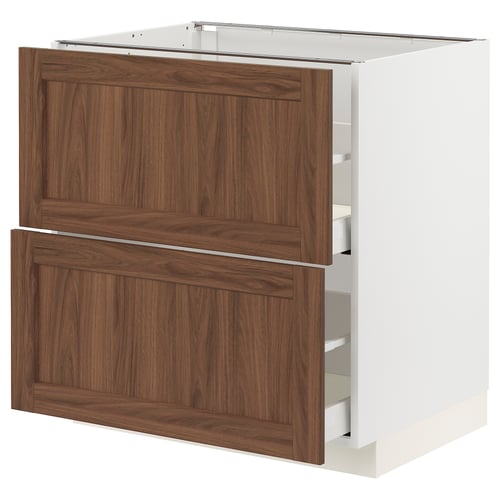 Wooden kitchen cabinet, light brown, 2 drawers, white frame, modern design.