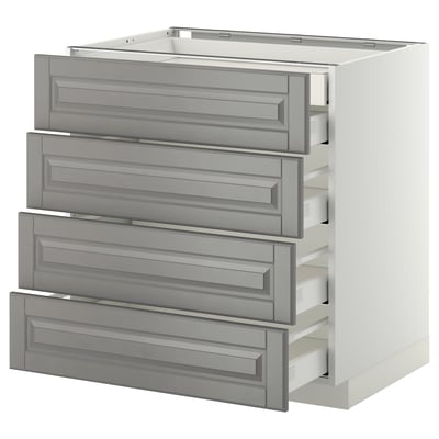 Modern grey kitchen cabinet unit with four drawers in soft grey, featuring stylish bevelled edges and smooth-running drawers.