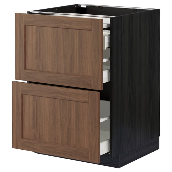 METOD / MAXIMERA Bc w pull-out work surface/3drw, black Enköping/brown walnut effect, 60x60 cm