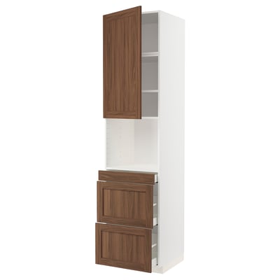 METOD / MAXIMERA Hi cab f micro combi w door/3 drwrs, white Enköping/brown walnut effect, 60x60x240 cm