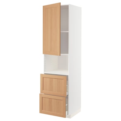 METOD / MAXIMERA Hi cab f micro w door/2 drawers, white/Vedhamn oak, 60x60x220 cm