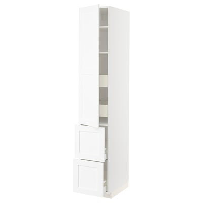 White METOD kitchen cabinet; tall, rectangular, with adjustable shelves and soft close drawers.