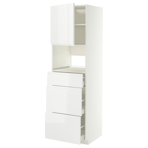 Depicts a tall, white IKEA METOD kitchen storage unit with multiple drawers and an open cabinet. Its sleek, modern, and a high gloss finish.