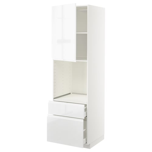 White high gloss modern kitchen cabinet with drawers and open shelf.