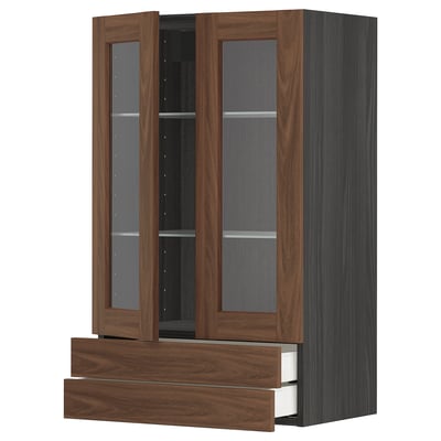 METOD / MAXIMERA Wall cab w 2 glass doors/2 drawers, black Enköping/brown walnut effect, 60x100 cm