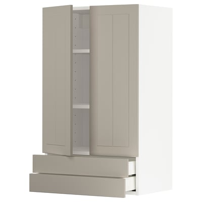 A beige METOD kitchen unit with cabinets and drawers, featuring a modern design with a crafted look.