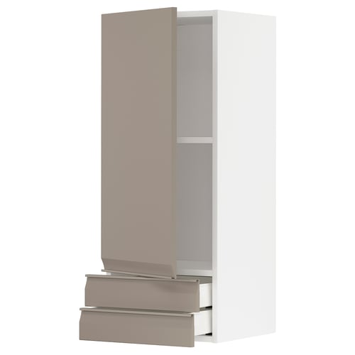 Modern kitchen unit: METOD. Light grey-beige door. Tall cabinet with shelves and drawer. Smooth edges and aluminium handles.