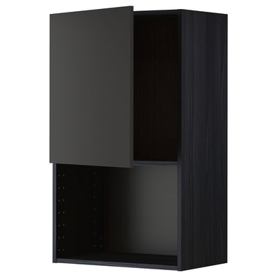 A black METOD wall cabinet with a modern, sleek design featuring a single dark grey door and open storage space below.