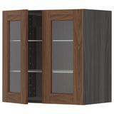 METOD Wall cabinet w shelves/2 glass drs, black Enköping/brown walnut effect, 60x60 cm