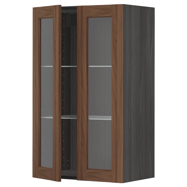 METOD Wall cabinet w shelves/2 glass drs, black Enköping/brown walnut effect, 60x100 cm