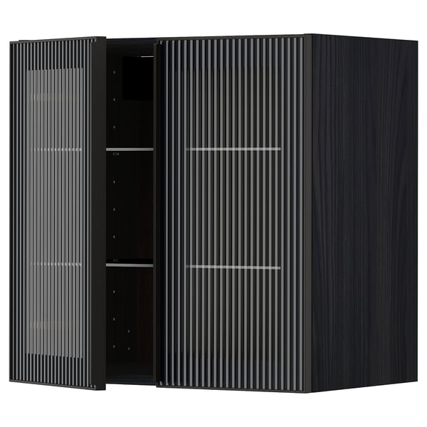 METOD Wall cabinet w shelves/2 glass drs, black/Hejsta anthracite reeded glass, 60x60 cm