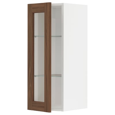 METOD Wall cabinet w shelves/glass door, white Enköping/brown walnut effect, 30x80 cm