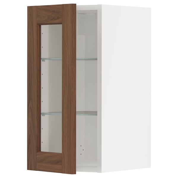 METOD Wall cabinet w shelves/glass door, white Enköping/brown walnut effect, 30x60 cm