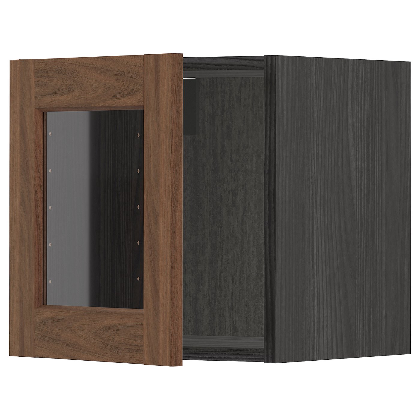 METOD wall with glass door, black Enköping/brown walnut effect