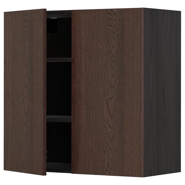 METOD Wall cabinet with shelves/2 doors, black/Sinarp brown, 80x80 cm