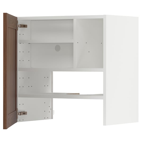 METOD Wall cb f extr hood w shlf/door, white Enköping/brown walnut effect, 60x60 cm