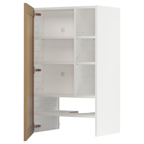 A white METOD cabinet with an open oak door, featuring adjustable shelves inside.