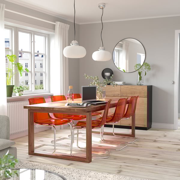 MÖRBYLÅNGA / TOBIAS Table and 6 chairs, oak veneer brown stained/brown-red chrome-plated, 220x100 cm