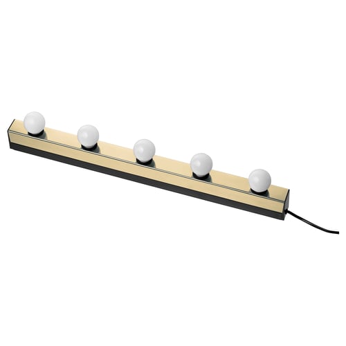 A MUSIK wall lamp with five white spherical bulbs in a gold-tone rectangular frame, suitable for horizontal or vertical mounting.