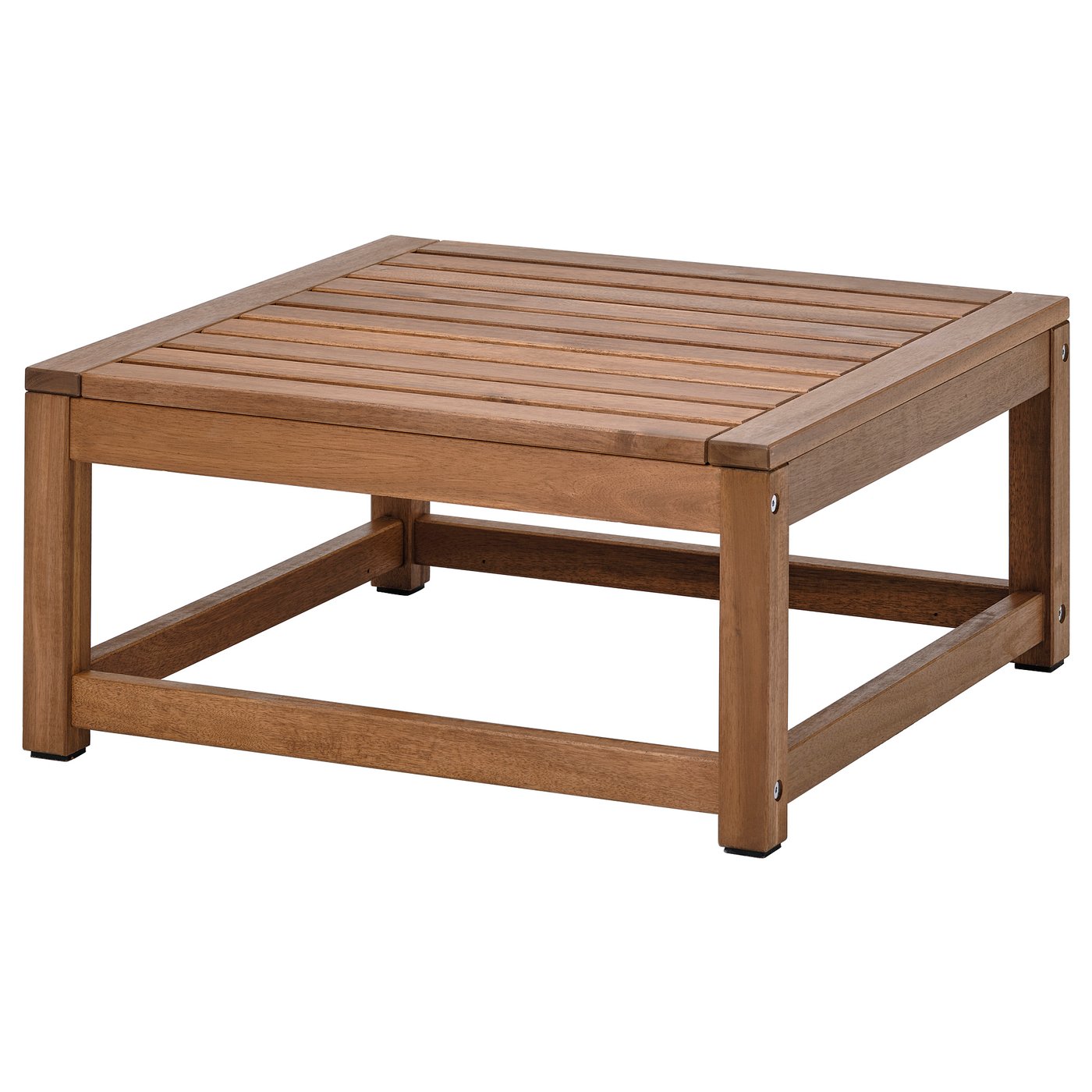 Brown wooden NÄMMARÖ outdoor coffee table, square with slatted top and minimalist design.