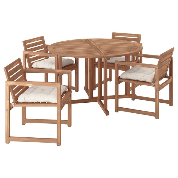NÄMMARÖ Table+4 chairs w armrests, outdoor, light brown stained/Kuddarna light grey-beige, 130 cm