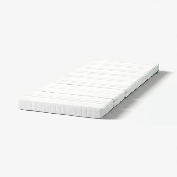 A white, foldable NATTSMYG mattress for children. Its rectangular, divided into three sections, and designed to adjust from 130 to 200 cm.