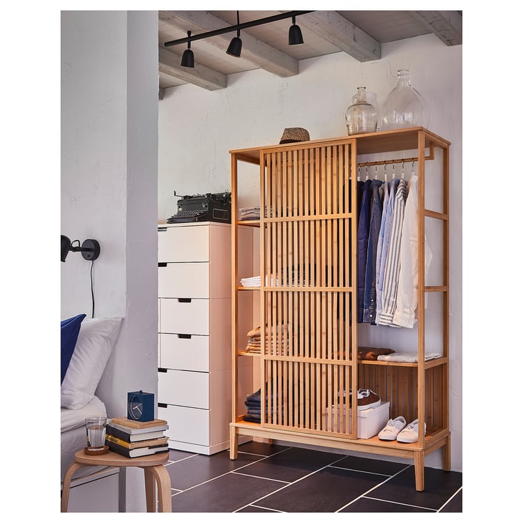 NORDKISA open wardrobe with sliding door, bamboo, 120x186 cm IKEA