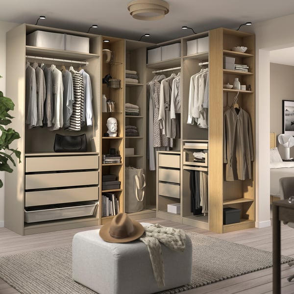 PAX Corner wardrobe, grey-beige grey-beige/oak effect, 245/180x236 cm