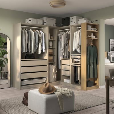 PAX Corner wardrobe, grey-beige/grey-beige oak veneer, 231/161x201 cm