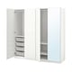 White PAX wardrobe, mirrored doors, metal mesh baskets, soft-close hinges.