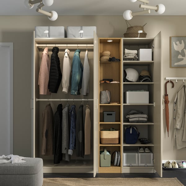 PAX / FORSAND Wardrobe combination, grey-beige grey-beige/oak effect, 185x60x201 cm