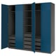 Blue PAX wardrobe with shelves and drawers, modern design.