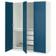 Blue PAX wardrobe open showing shelves and drawers.