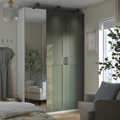 PAX / KAMMARTORP/GRIMO Wardrobe combination, white mirror glass/grey grey-green, 150x60x236 cm
