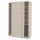 A beige PAX wardrobe with sliding doors and multiple shelves inside.