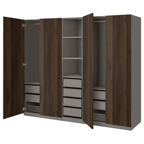 PAX wardrobe in dark brown, open doors, wood texture, grey interior with shelves and drawers.