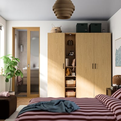 PAX / STORKLINTA Wardrobe combination, grey-beige/oak effect, 185x58x201 cm