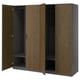 A PAX wardrobe with four wooden doors in a dark brown finish, featuring a sleek and modern design.