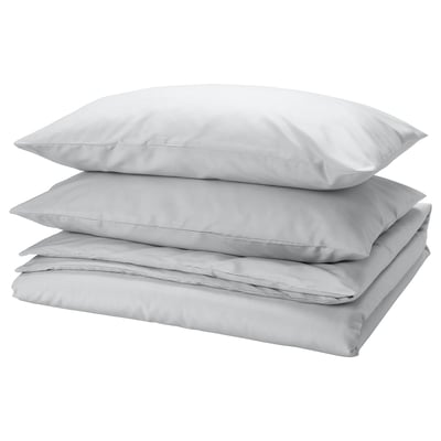 PILTANDVINGE duvet set, grey. Smooth, recycled polyester-viscose fabric. Rectangle shape, envelope closure for pillows. Wrinkle-resistant.