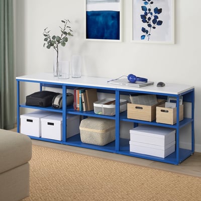 PLATSA Open shelving unit, white/blue, 180x42x63 cm