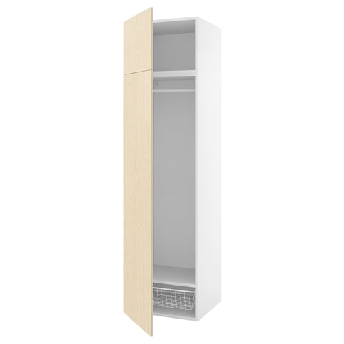 White PLATSA storage cabinet with light wood door and wire basket.